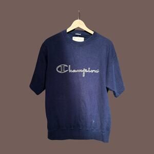 Champion Script Sweatshirt | Navy Short Sleeve | Size L | Vintage